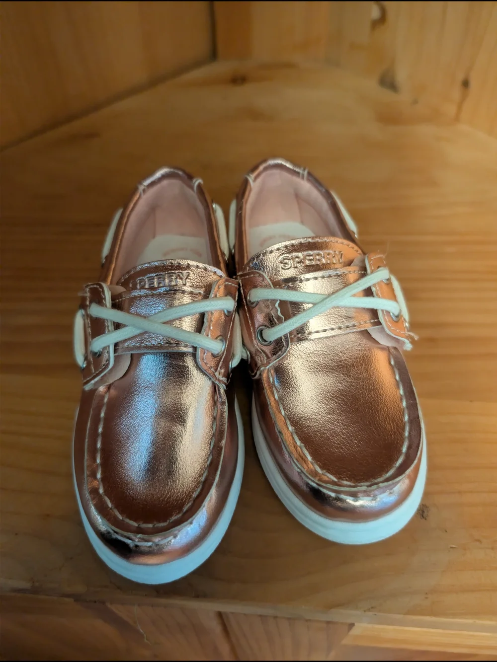 Sperry Girls Metallic Rose Gold Boat Shoes with White Laces